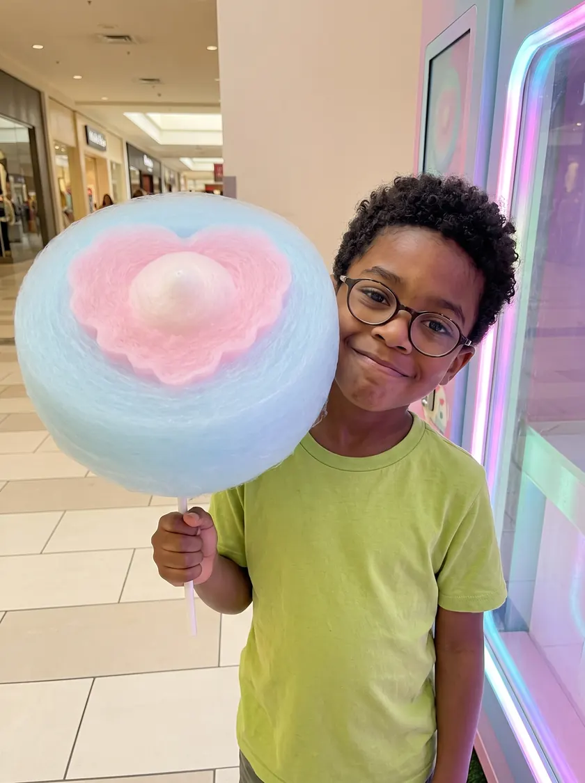 Un enfant à lunettes sourit, sa barbe à papa en cœur rose et bleu contre la joue, devant la machine