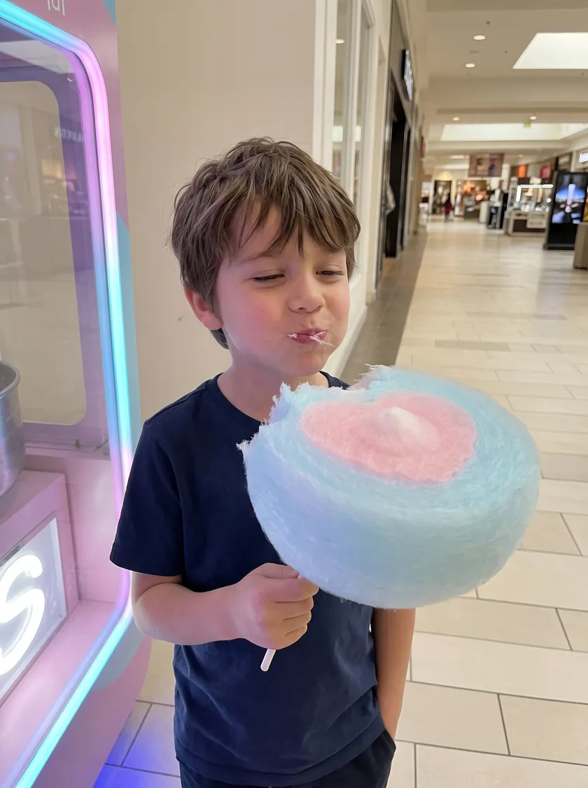 Un enfant goûte sa barbe à papa en cœur rose sur fond bleu, à côté de la machine