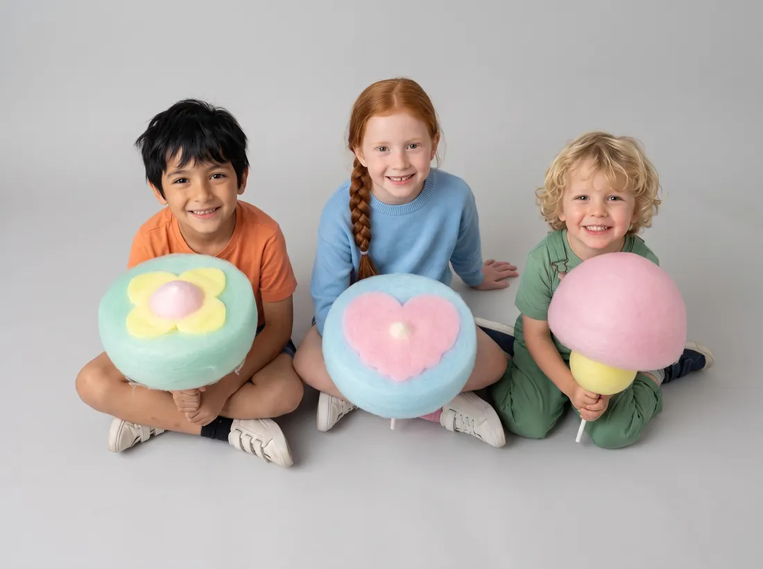 Trois enfants assis par terre sourient, chacun avec sa barbe à papa : une fleur jaune, un cœur rose, un champignon rose