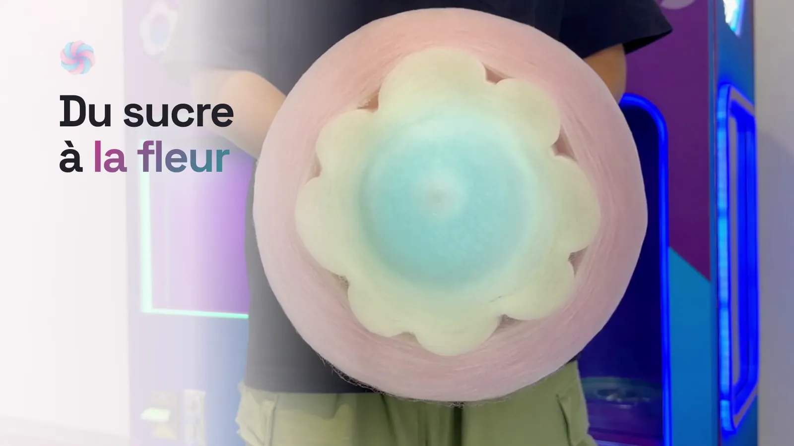 Une barbe à papa en fleur, rose, blanche et bleue, devant la machine