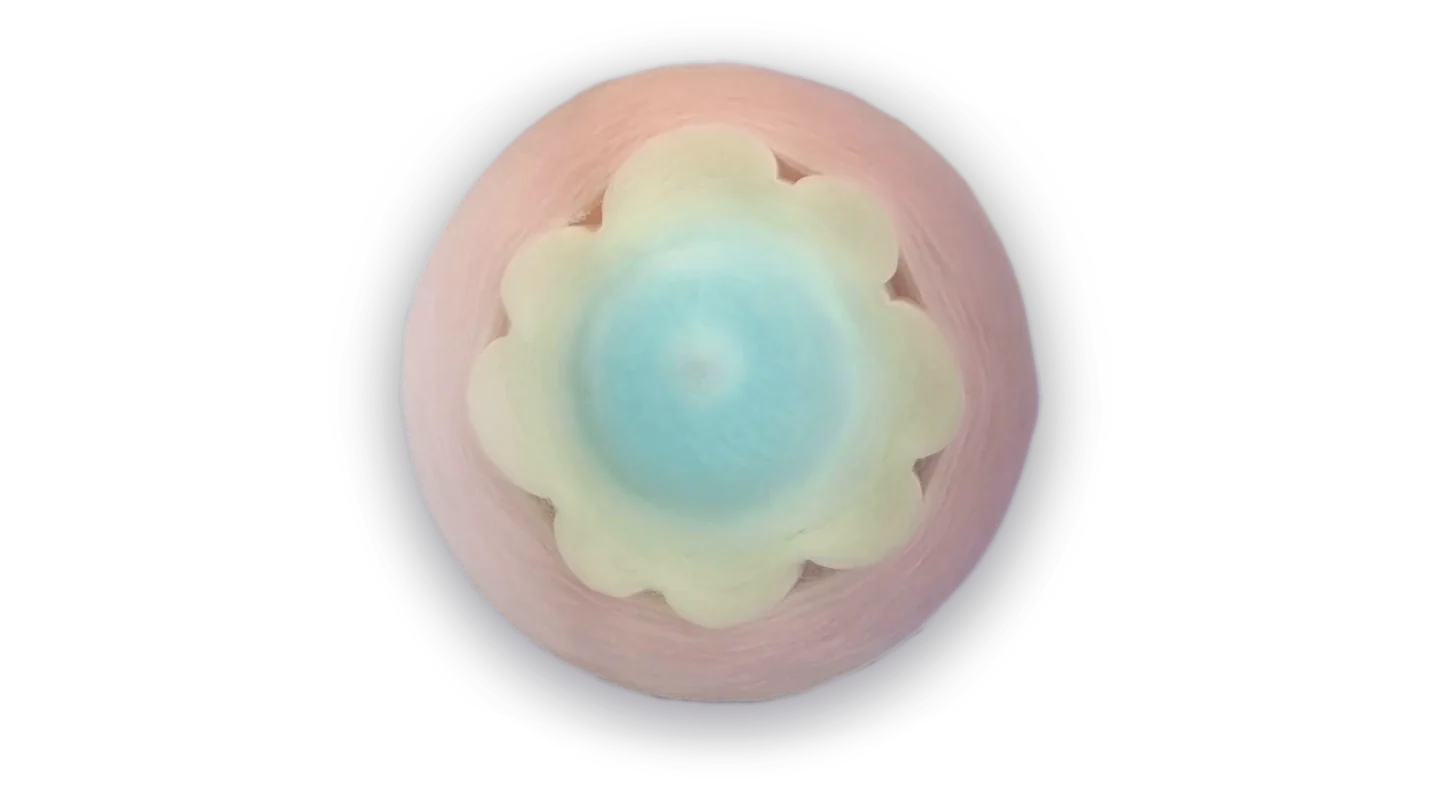 Une barbe à papa en fleur, rose, blanche et bleue, dessinée par la machine